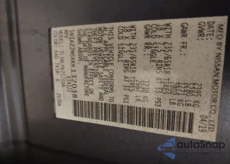 2019 Nissan Murano S z USA, uszkodzony, nr VIN 5N1AZ2MSXKN132038